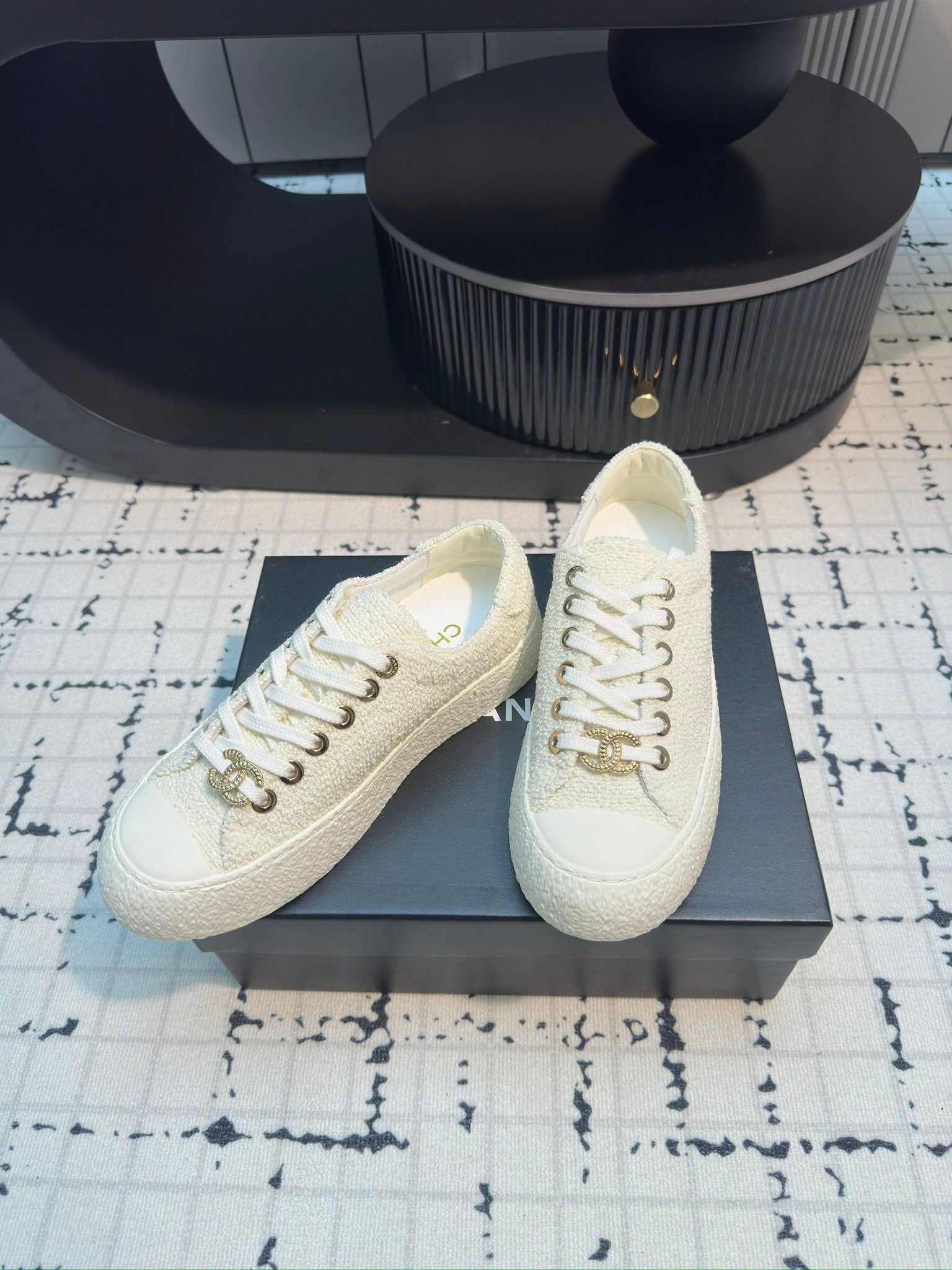 CC Low Sneaker 30mm White Tweed Fabric
