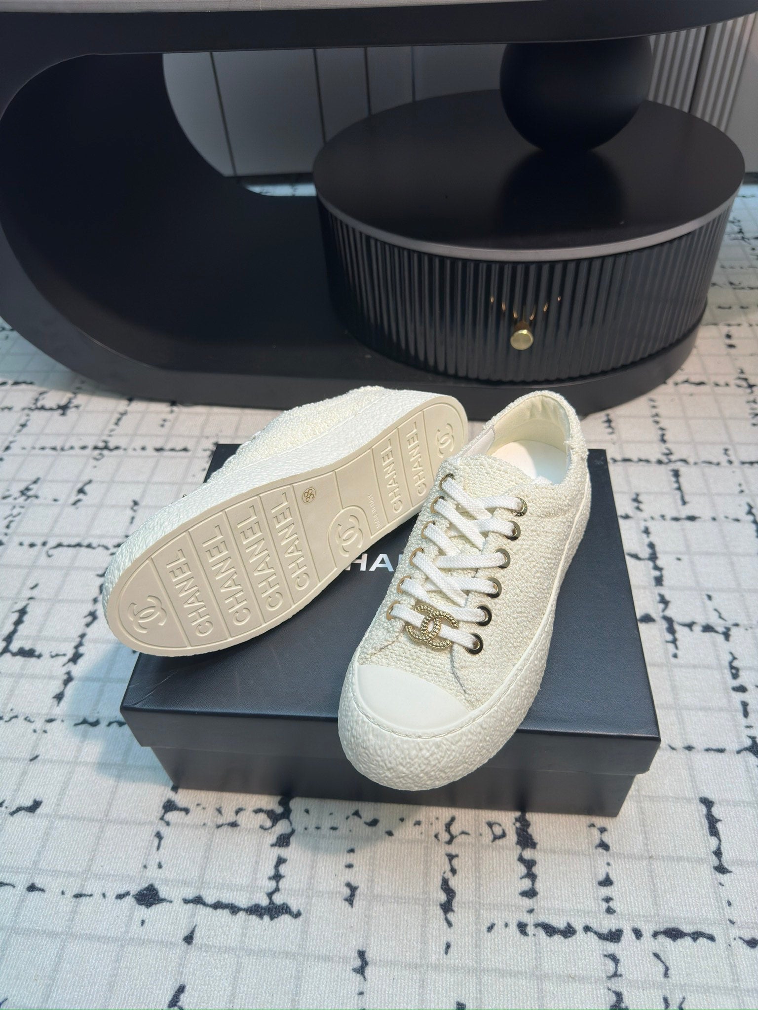 CC Low Sneaker 30mm White Tweed Fabric