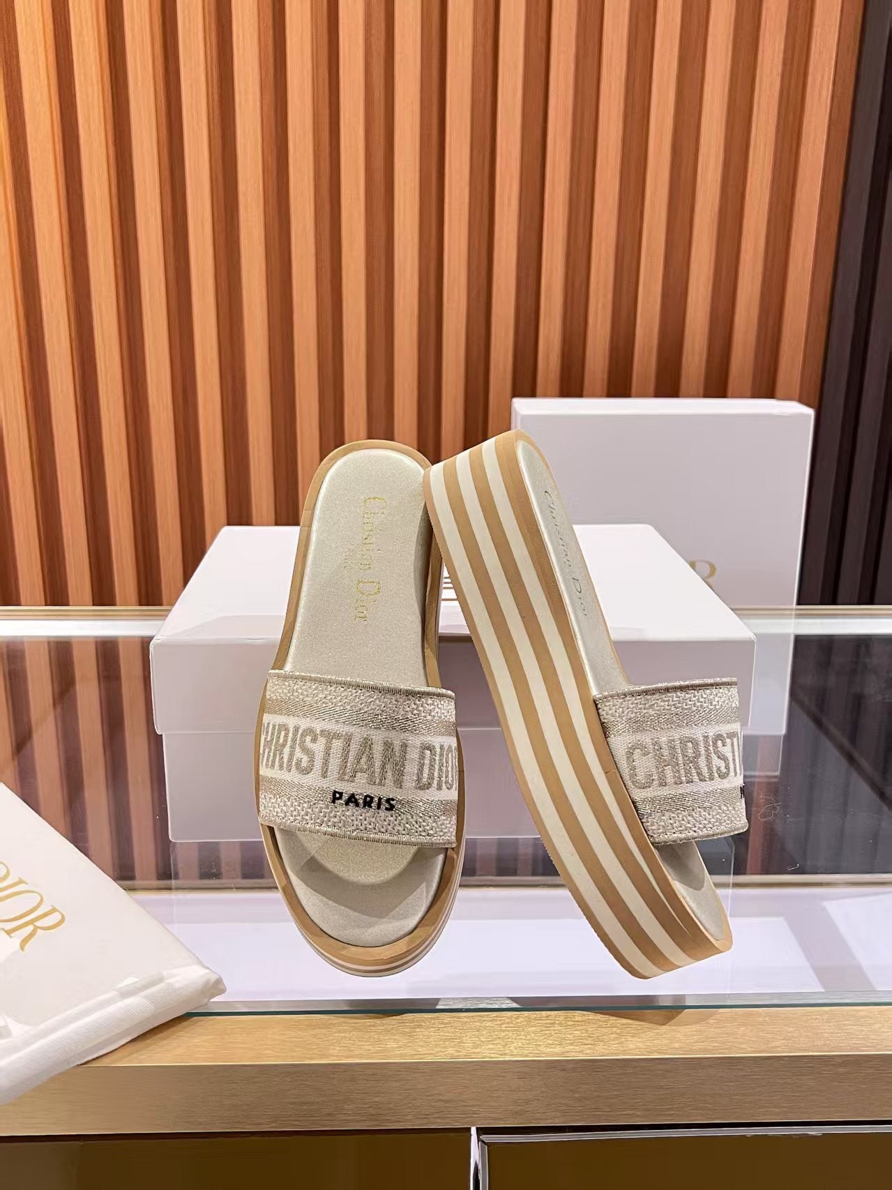 CD Dway Platform Slide Beige Brown Fabric with Lambskin 242442