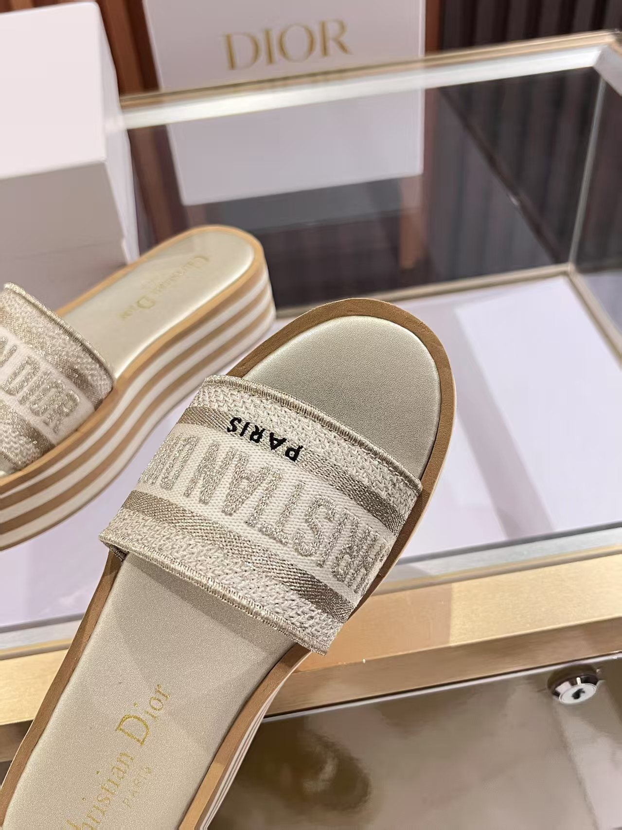 CD Dway Platform Slide Beige Brown Fabric with Lambskin 242442