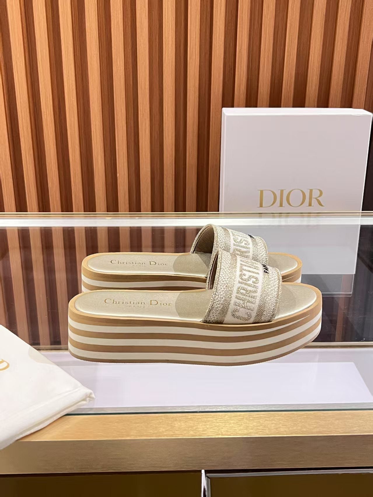 CD Dway Platform Slide Beige Brown Fabric with Lambskin 242442