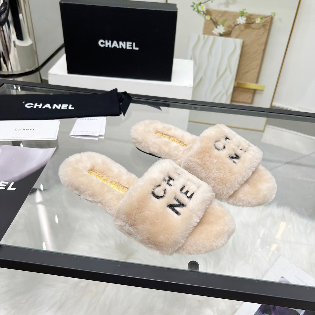 CC Slippers Beige With Black Lettering Fleece