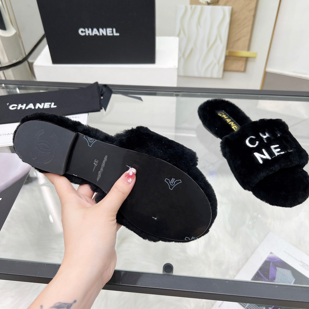 CC Slippers Black With White Lettering Fleece