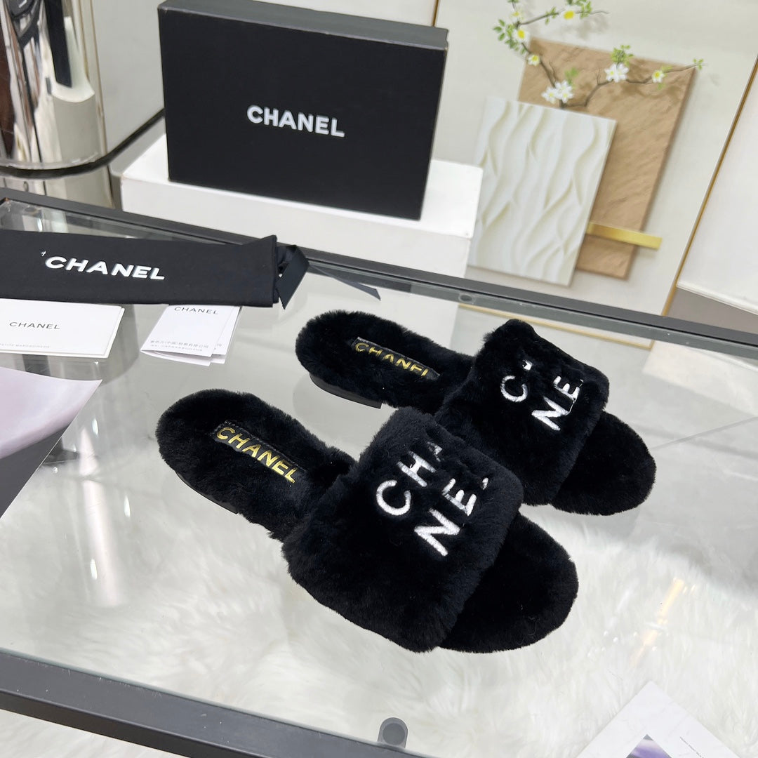CC Slippers Black With White Lettering Fleece