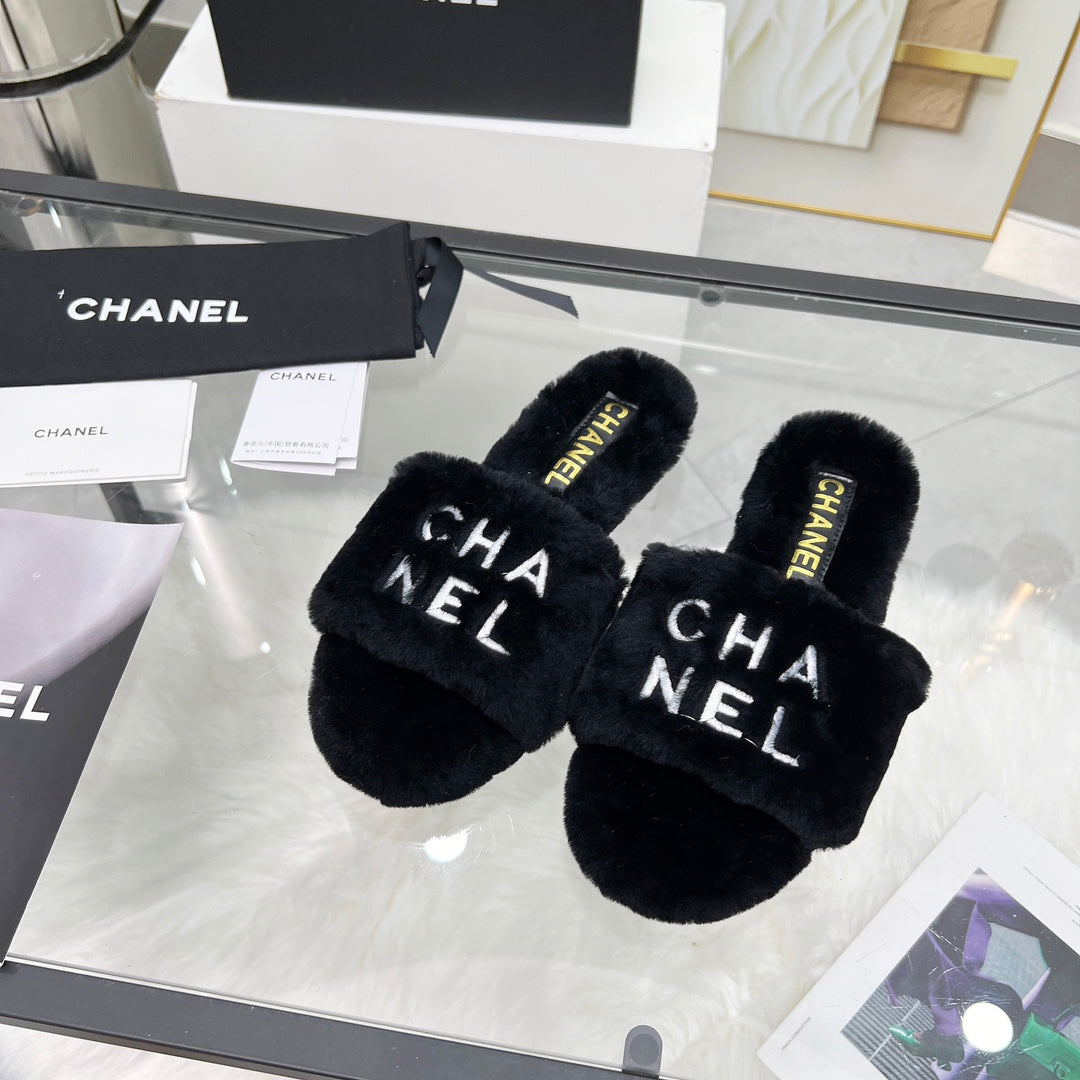 CC Slippers Black With White Lettering Fleece