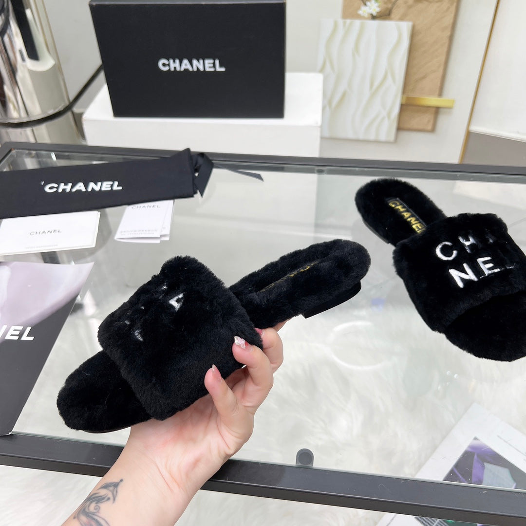 CC Slippers Black With White Lettering Fleece