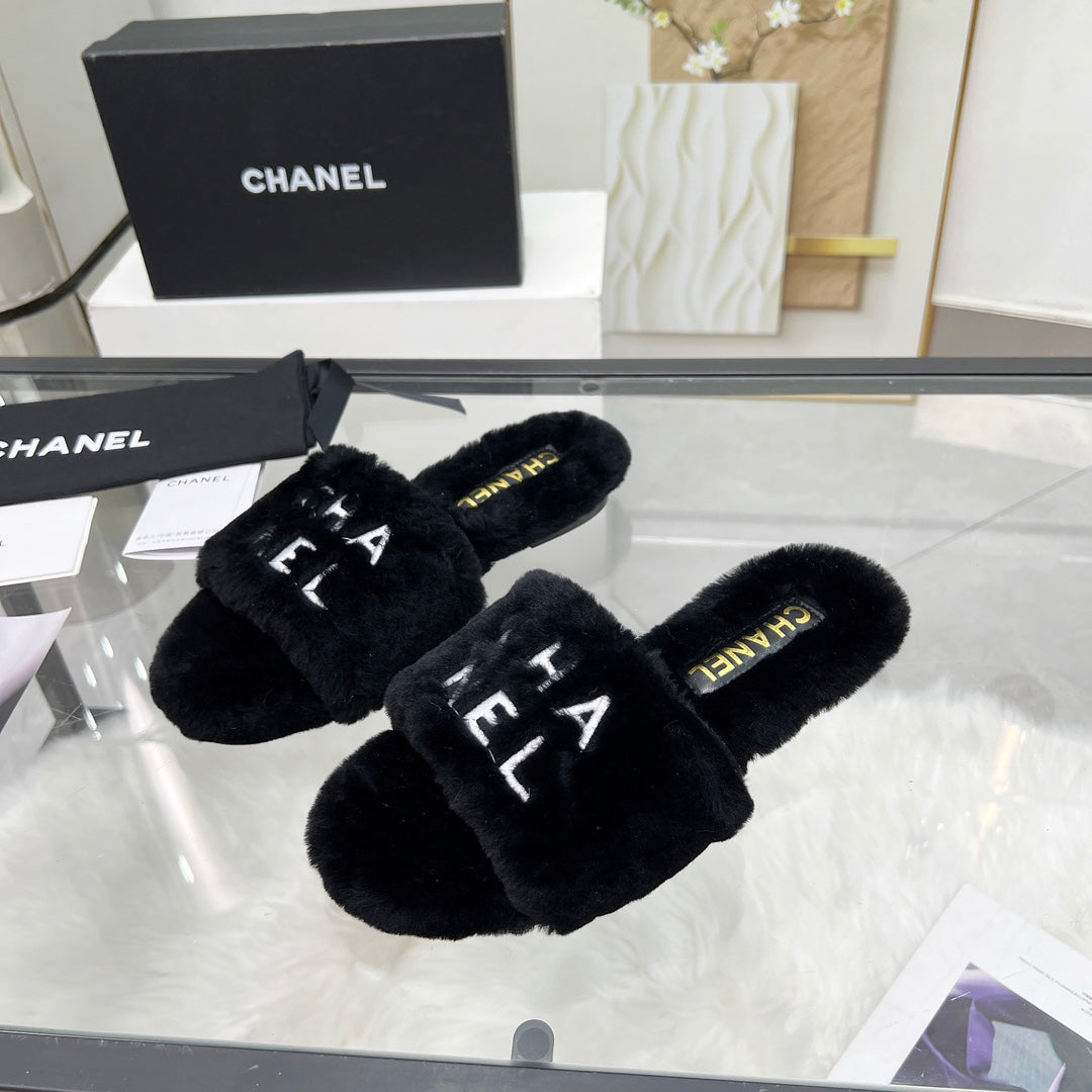 CC Slippers Black With White Lettering Fleece