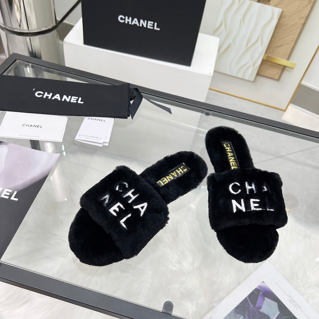 CC Slippers Black With White Lettering Fleece