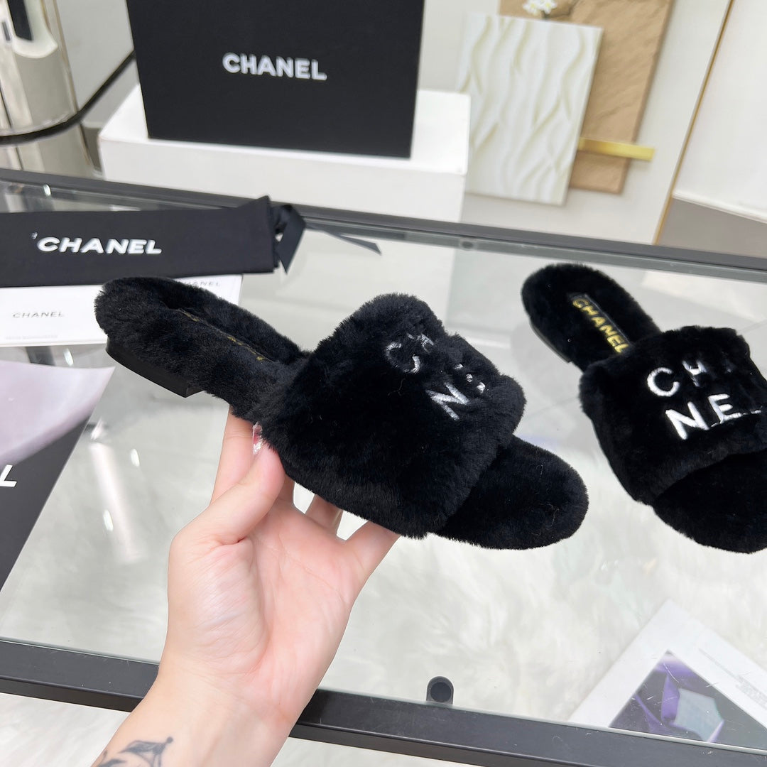 CC Slippers Black With White Lettering Fleece