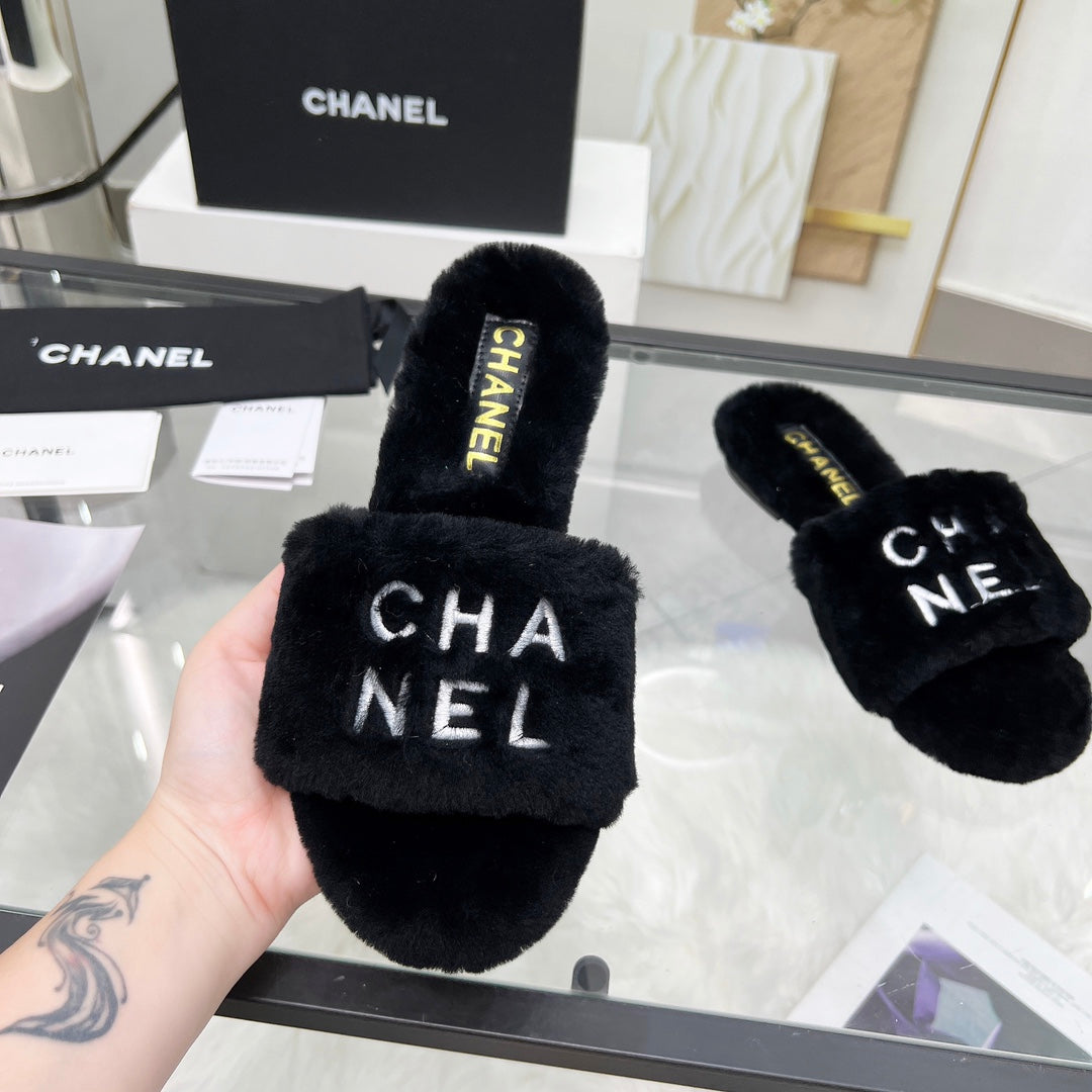 CC Slippers Black With White Lettering Fleece