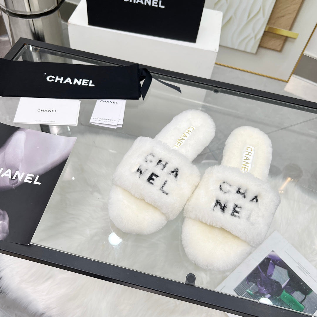 CC Slippers White With Black Lettering Fleece