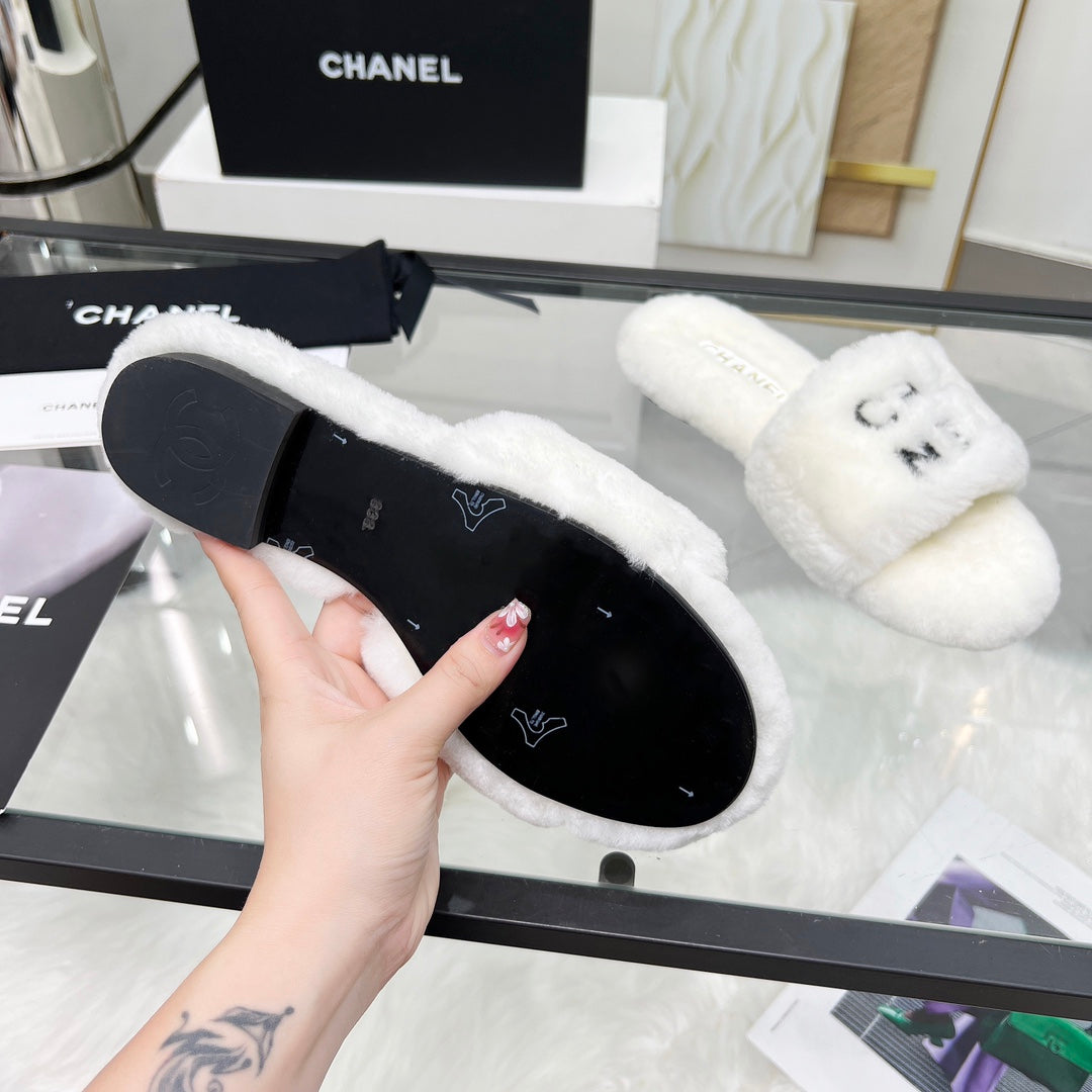 CC Slippers White With Black Lettering Fleece