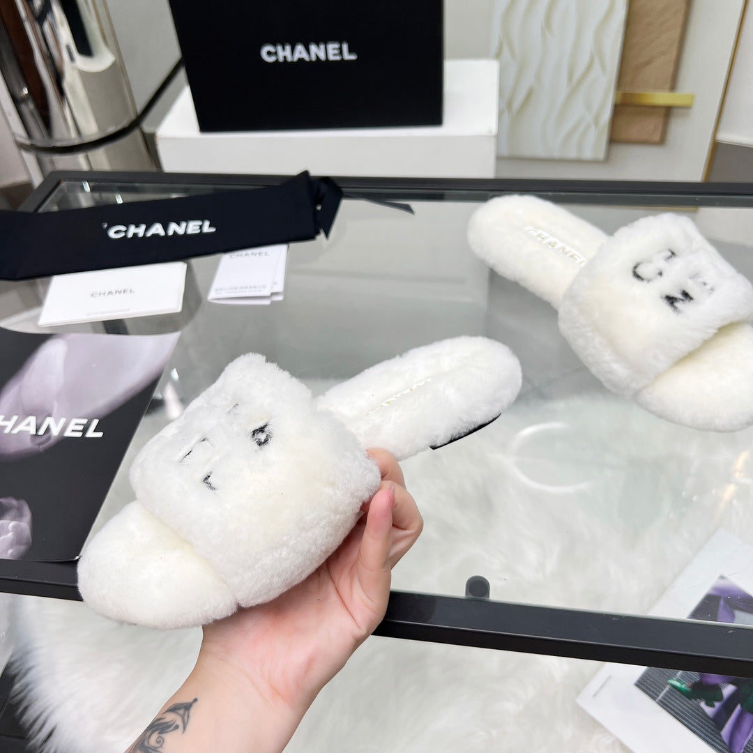 CC Slippers White With Black Lettering Fleece