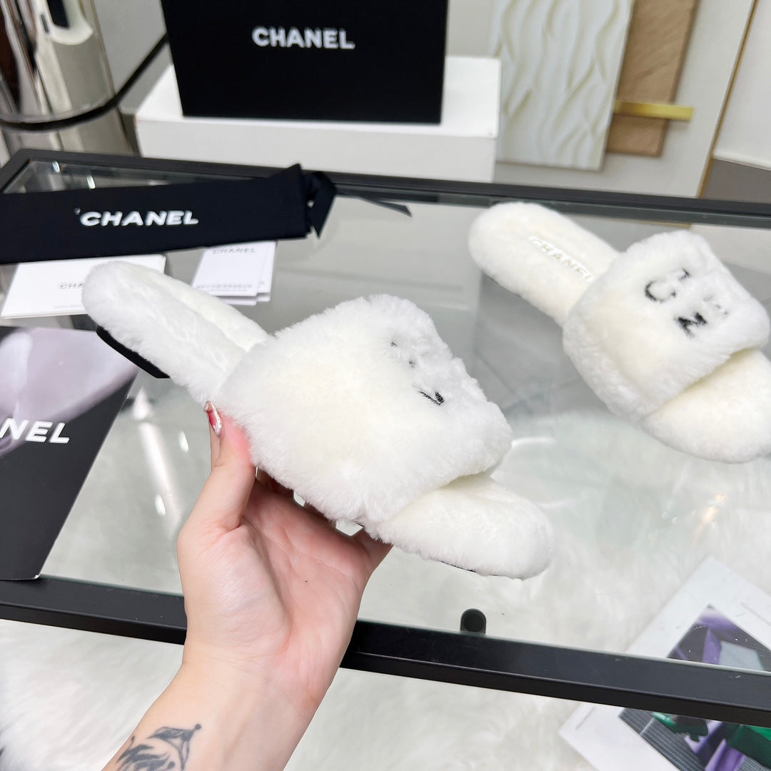 CC Slippers White With Black Lettering Fleece