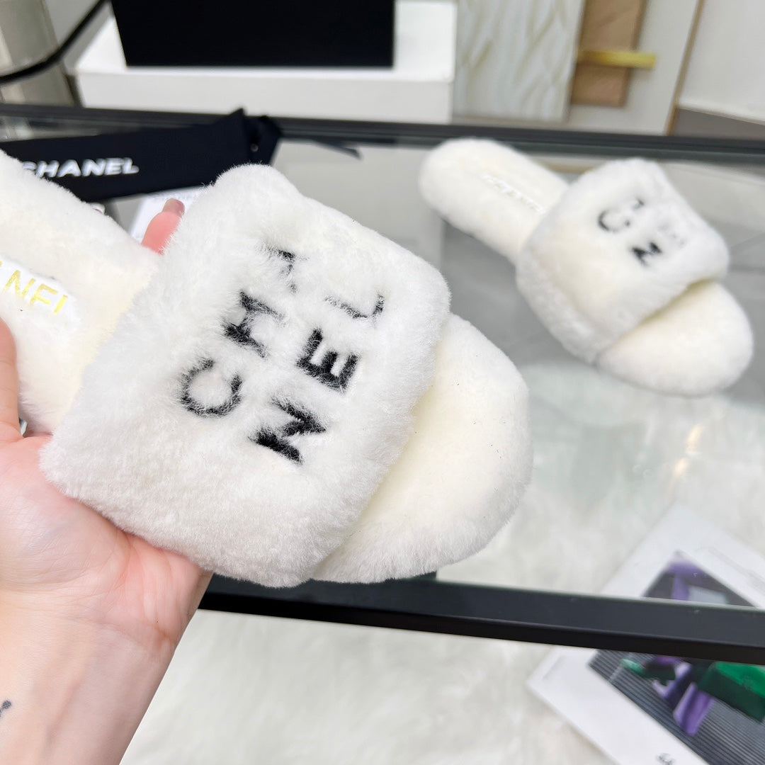 CC Slippers White With Black Lettering Fleece