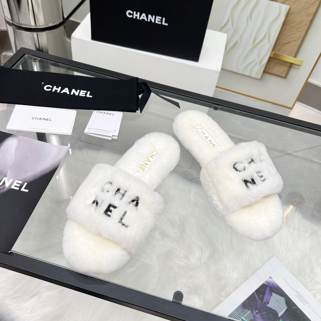 CC Slippers White With Black Lettering Fleece