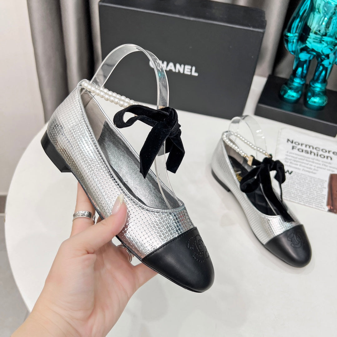 CC Mary Jane White Black Studded With Pearls Lambskin And Cowhide