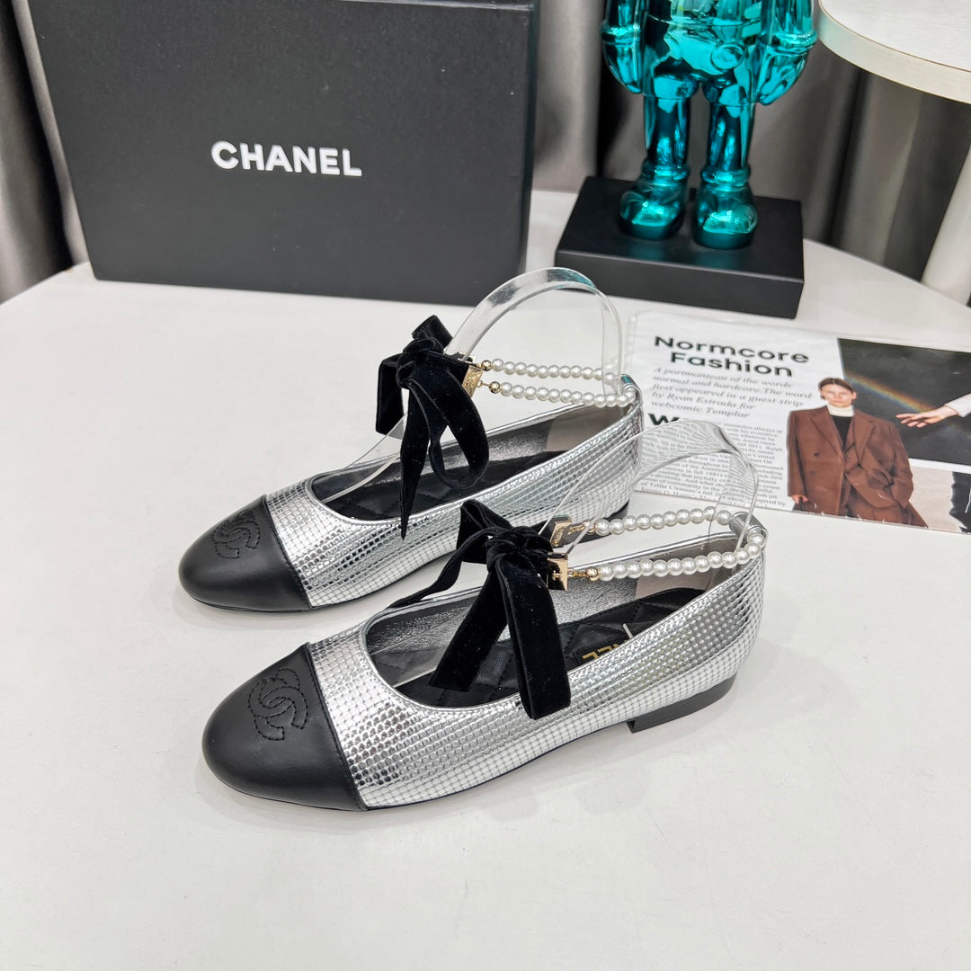 CC Mary Jane White Black Studded With Pearls Lambskin And Cowhide