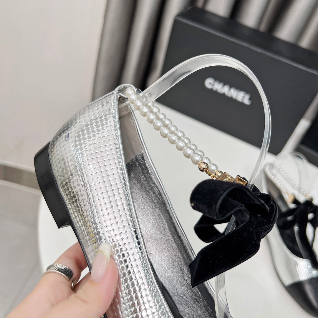 CC Mary Jane White Black Studded With Pearls Lambskin And Cowhide