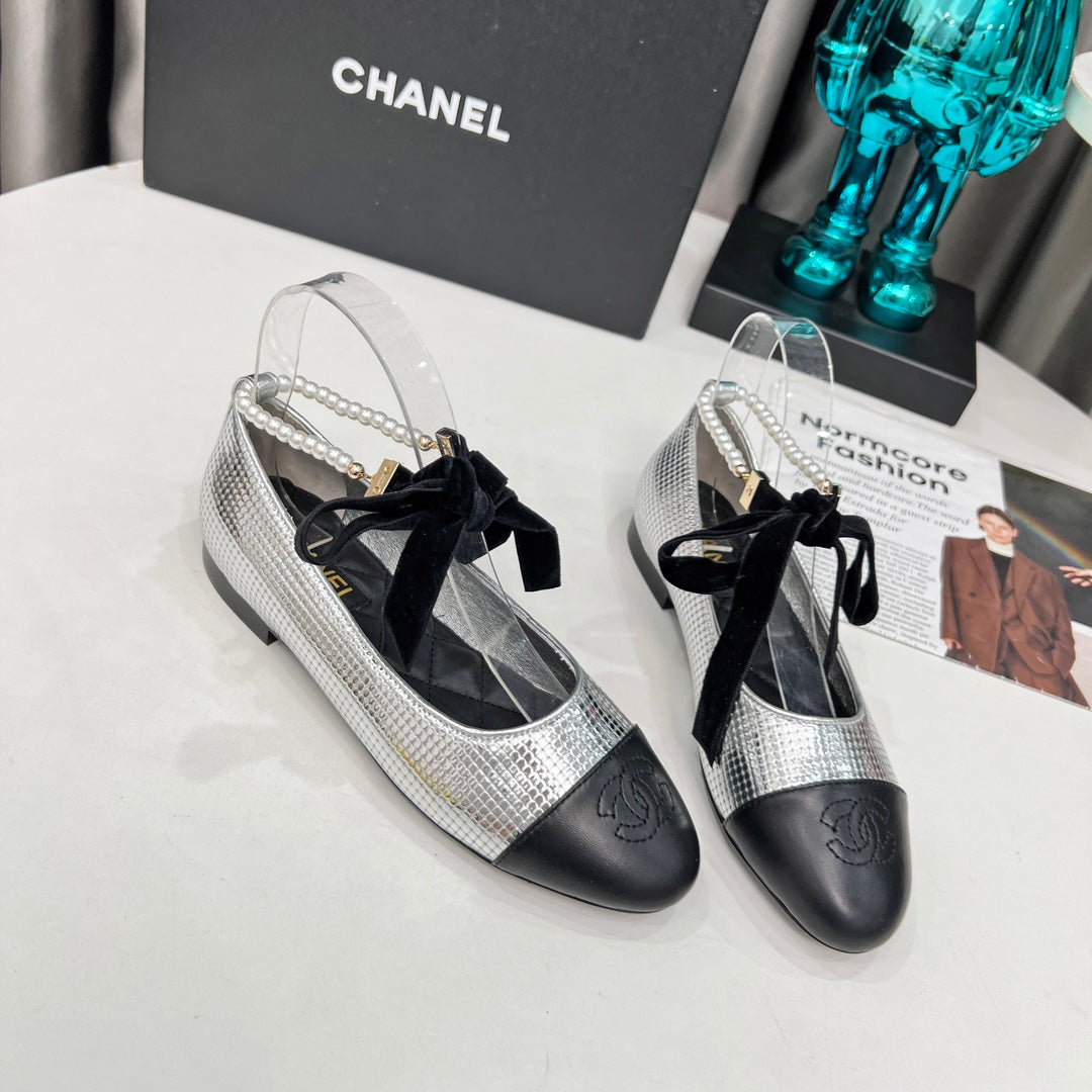 CC Mary Jane White Black Studded With Pearls Lambskin And Cowhide