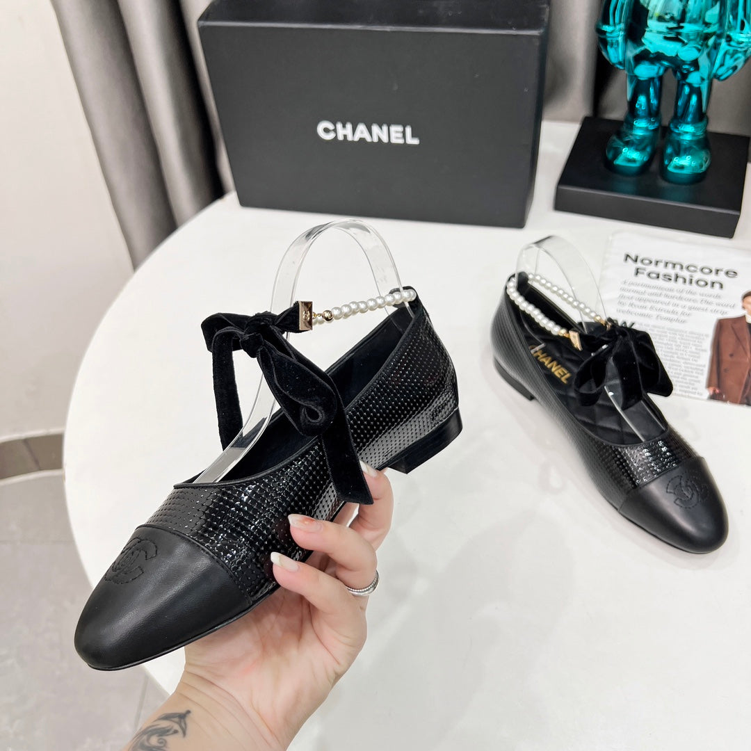 CC Mary Jane Black Studded With Pearls Lambskin And Cowhide