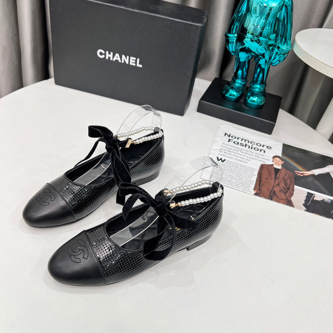 CC Mary Jane Black Studded With Pearls Lambskin And Cowhide