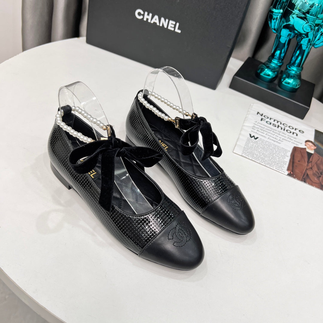 CC Mary Jane Black Studded With Pearls Lambskin And Cowhide