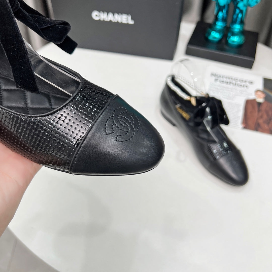 CC Mary Jane Black Studded With Pearls Lambskin And Cowhide