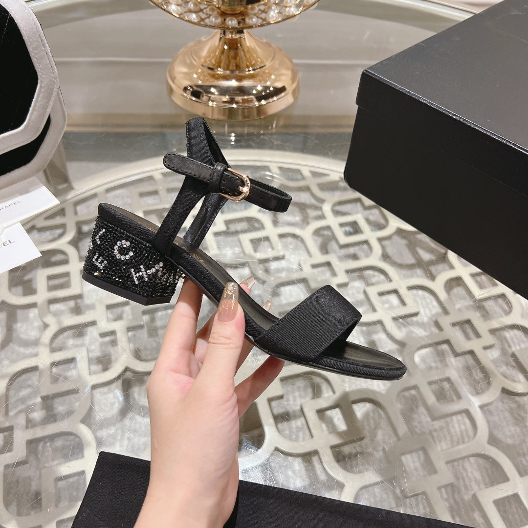 CC 25C 5CM Mid Heed Sandals Black Fabric 213321