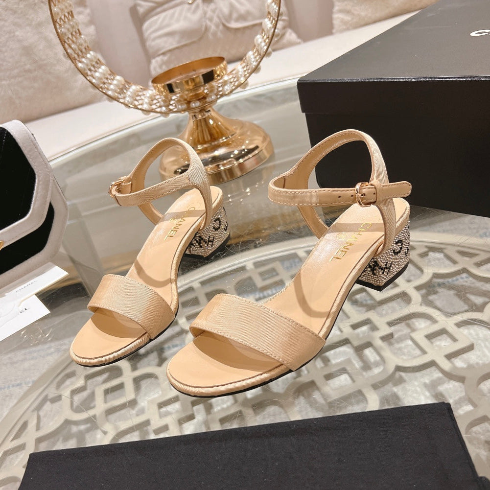 CC 25C 5CM Mid Heed Sandals Cream Fabric 213322