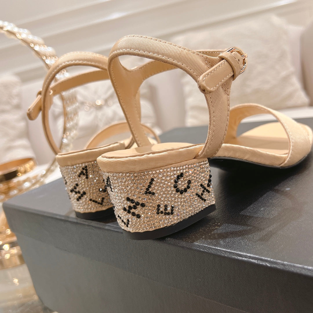 CC 25C 5CM Mid Heed Sandals Cream Fabric 213322