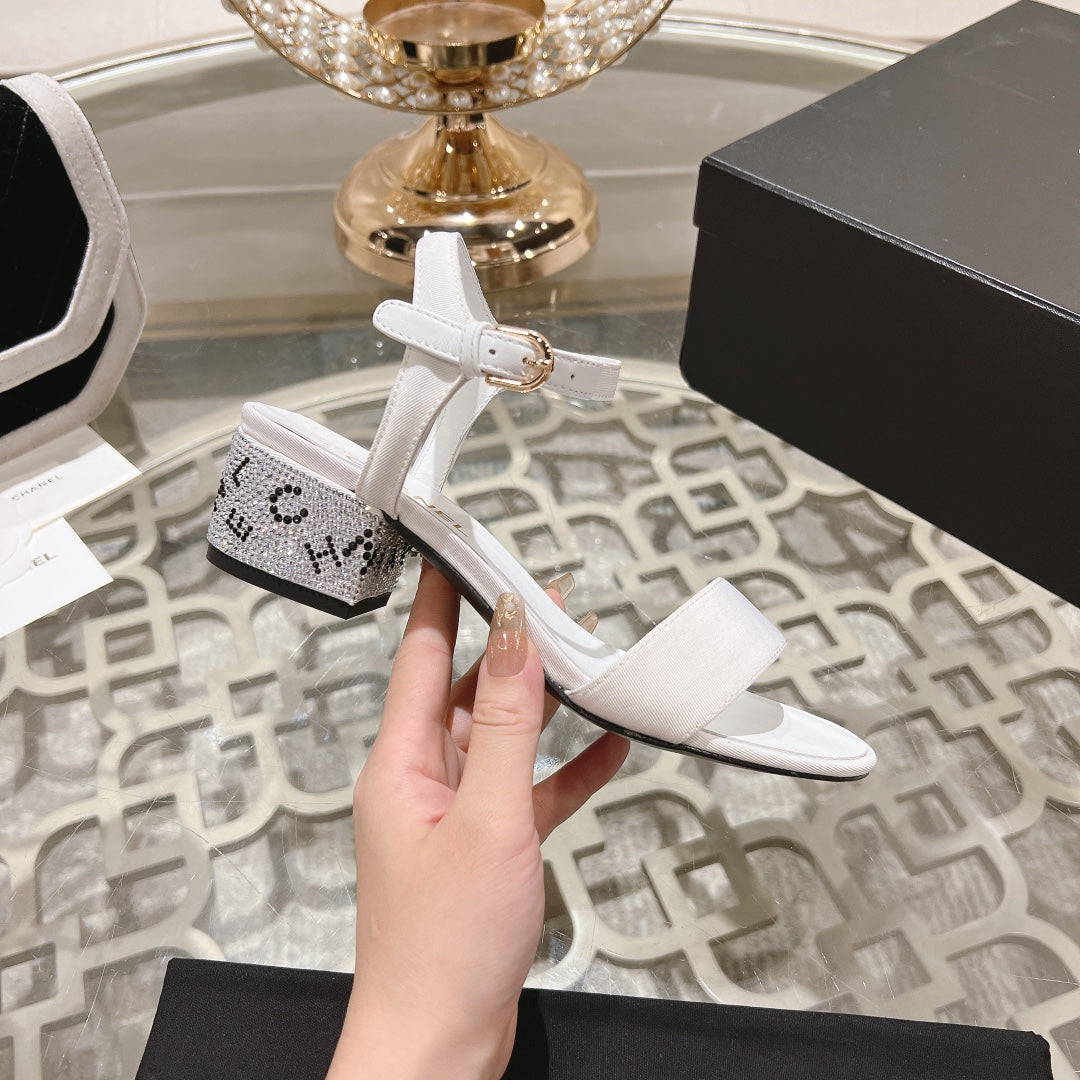 CC 25C 5CM Mid Heed Sandals White Fabric 213323