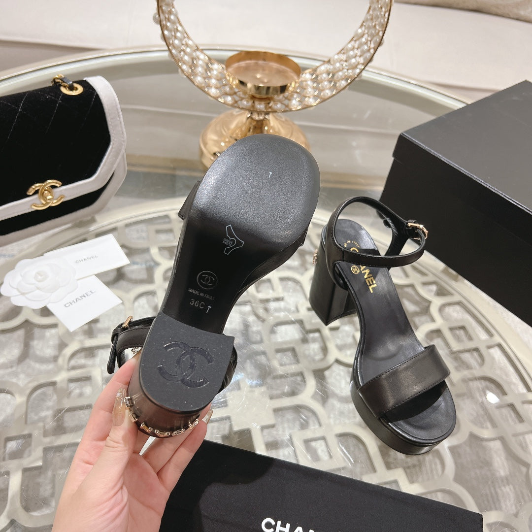 CC 25C 10CM Mid Heed Sandals Black Italian Leather 213318