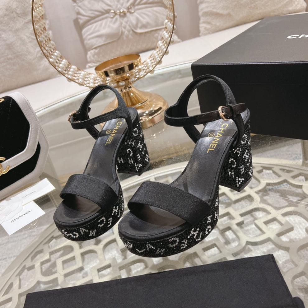 CC 25C 10CM Mid Heed Sandals Black Fabric 213324