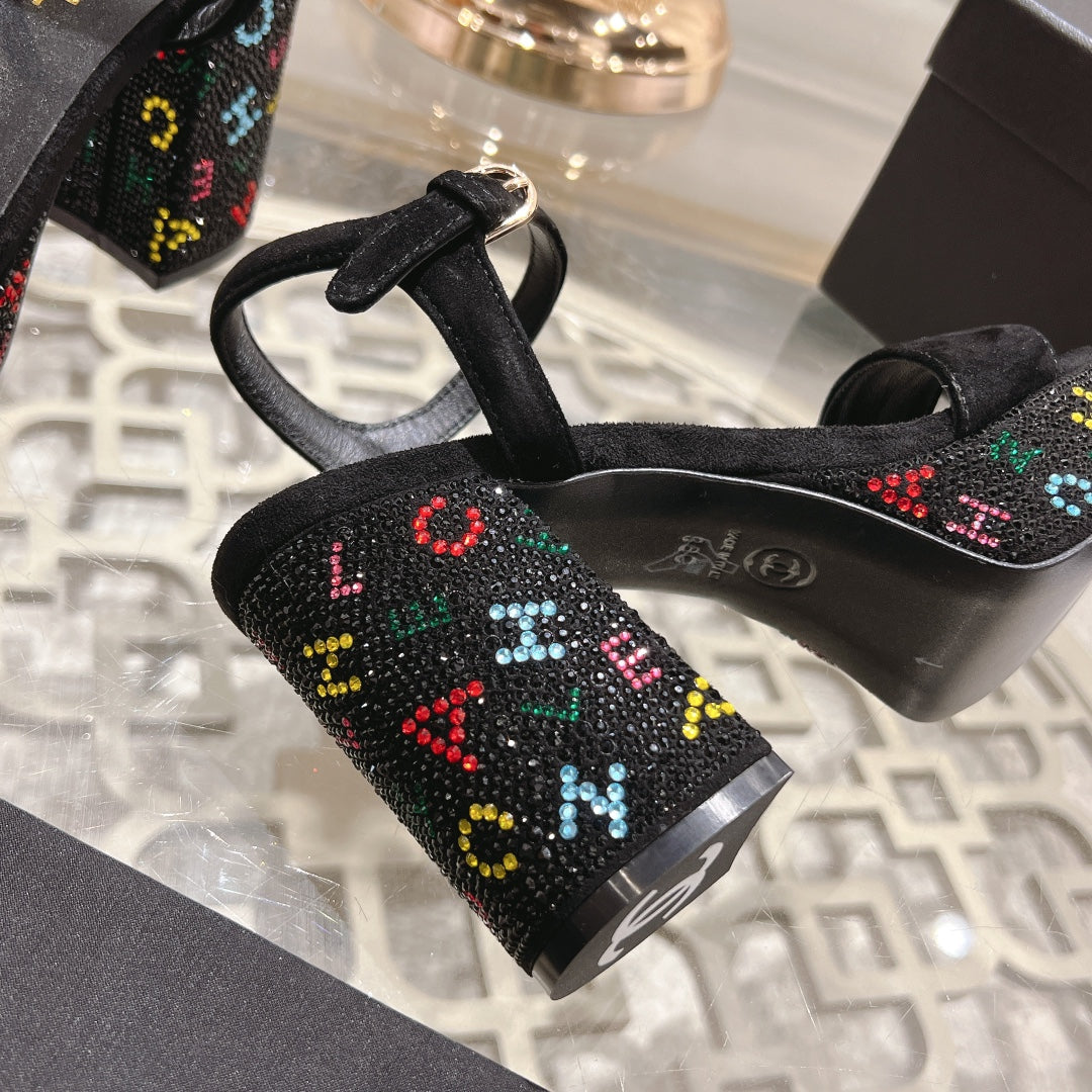 CC 25C 10CM Mid Heed Sandals Black Suede 213328