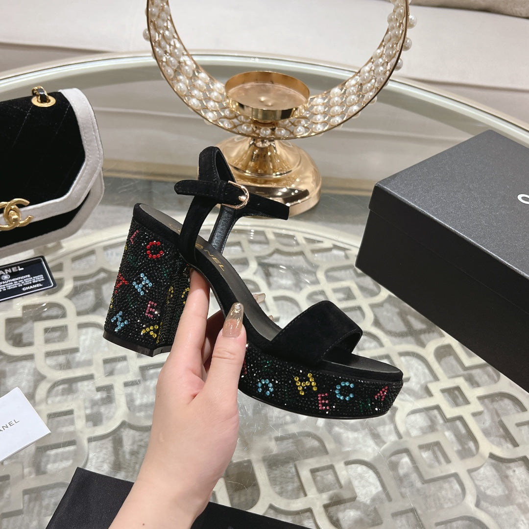 CC 25C 10CM Mid Heed Sandals Black Suede 213328