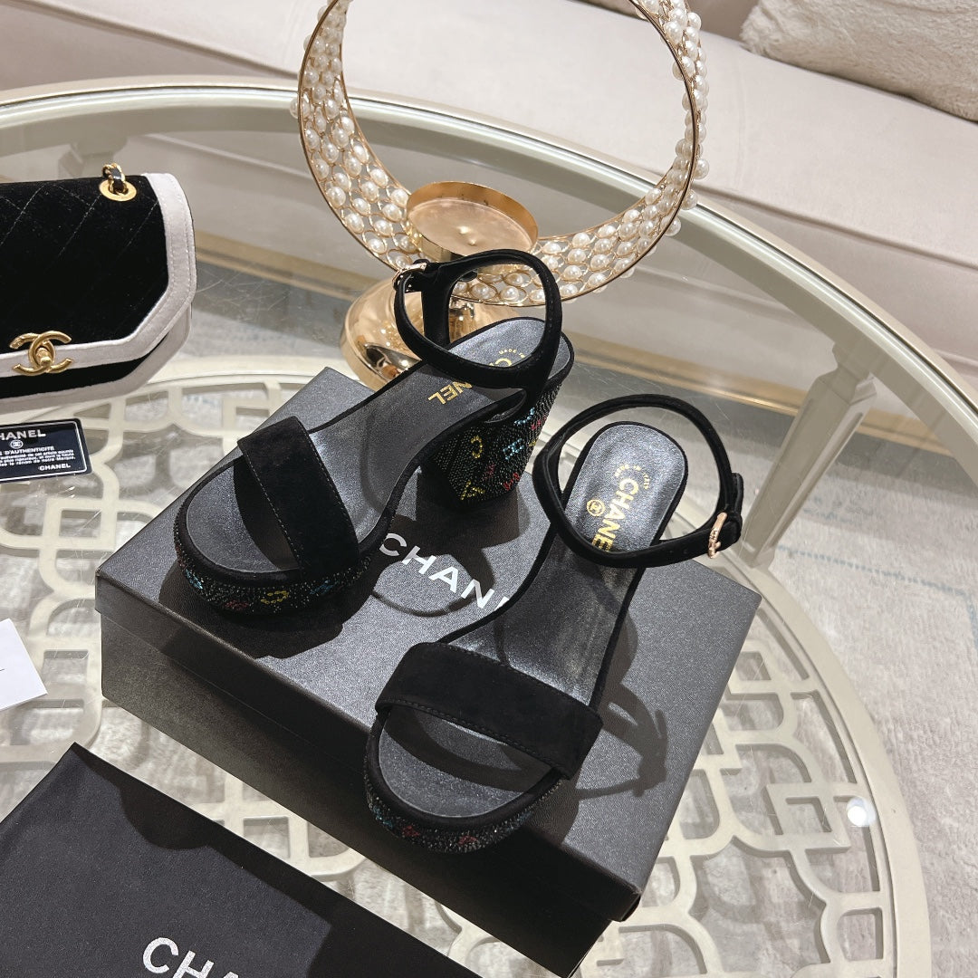 CC 25C 10CM Mid Heed Sandals Black Suede 213328