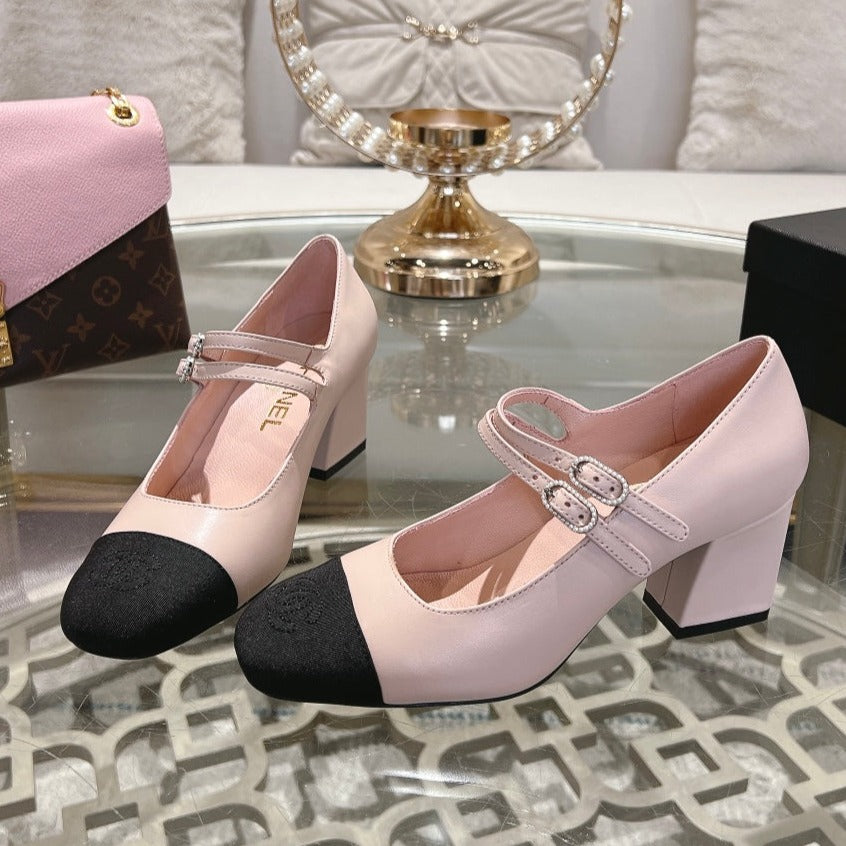 mary janes 60 double buckle light pink calfskin black grosgrain