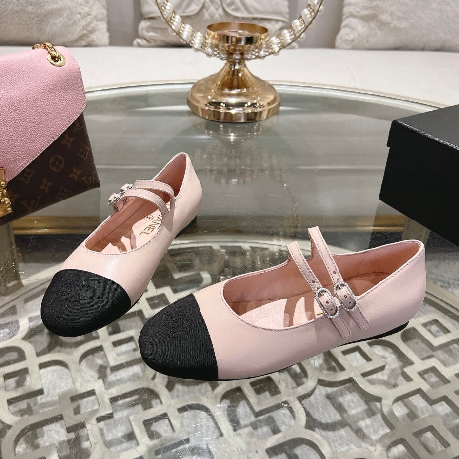 mary janes double buckle light pink calfskin black grosgrain