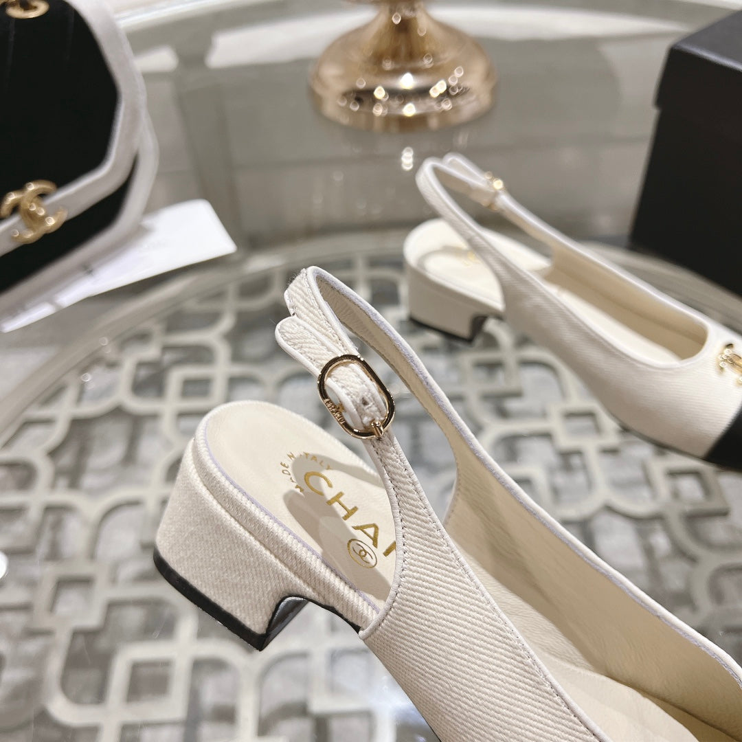CC Slingbacks 35mm In Ivory White Mix Black Lycra Fabric And Lambskin 943263