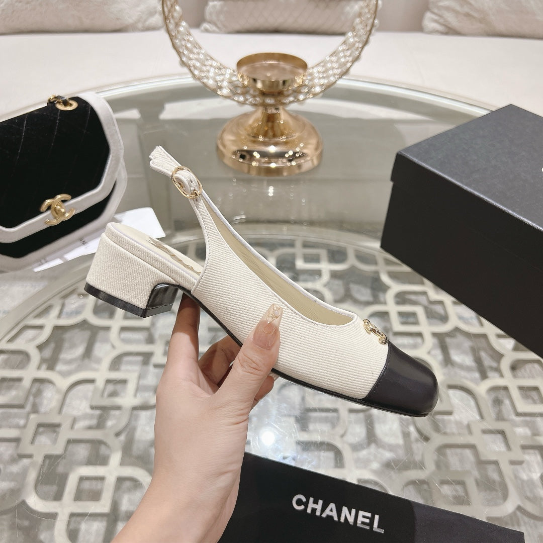 CC Slingbacks 35mm In Ivory White Mix Black Lycra Fabric And Lambskin 943263