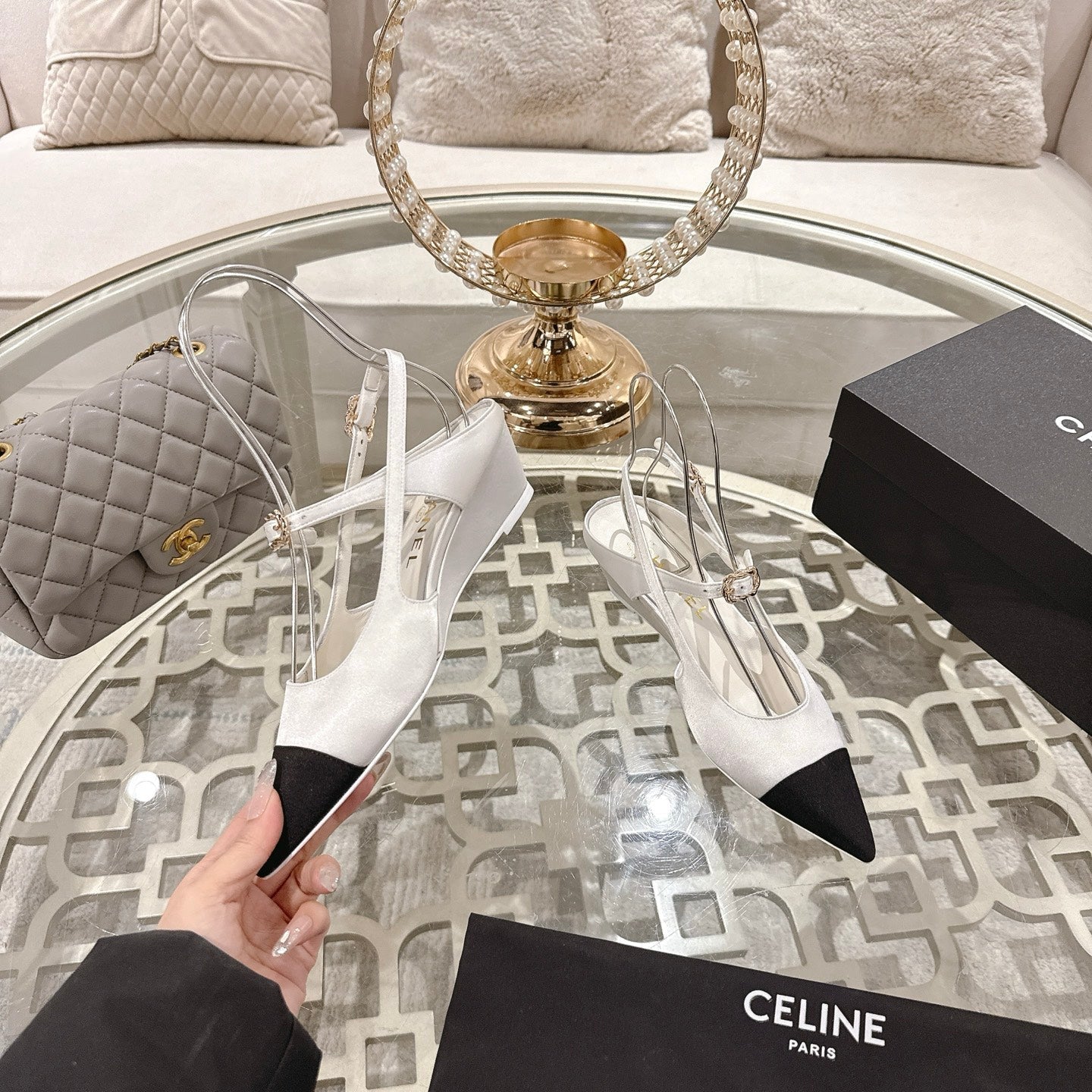 CC 25 Slingback Heel White Silk and Sheepskin 268919