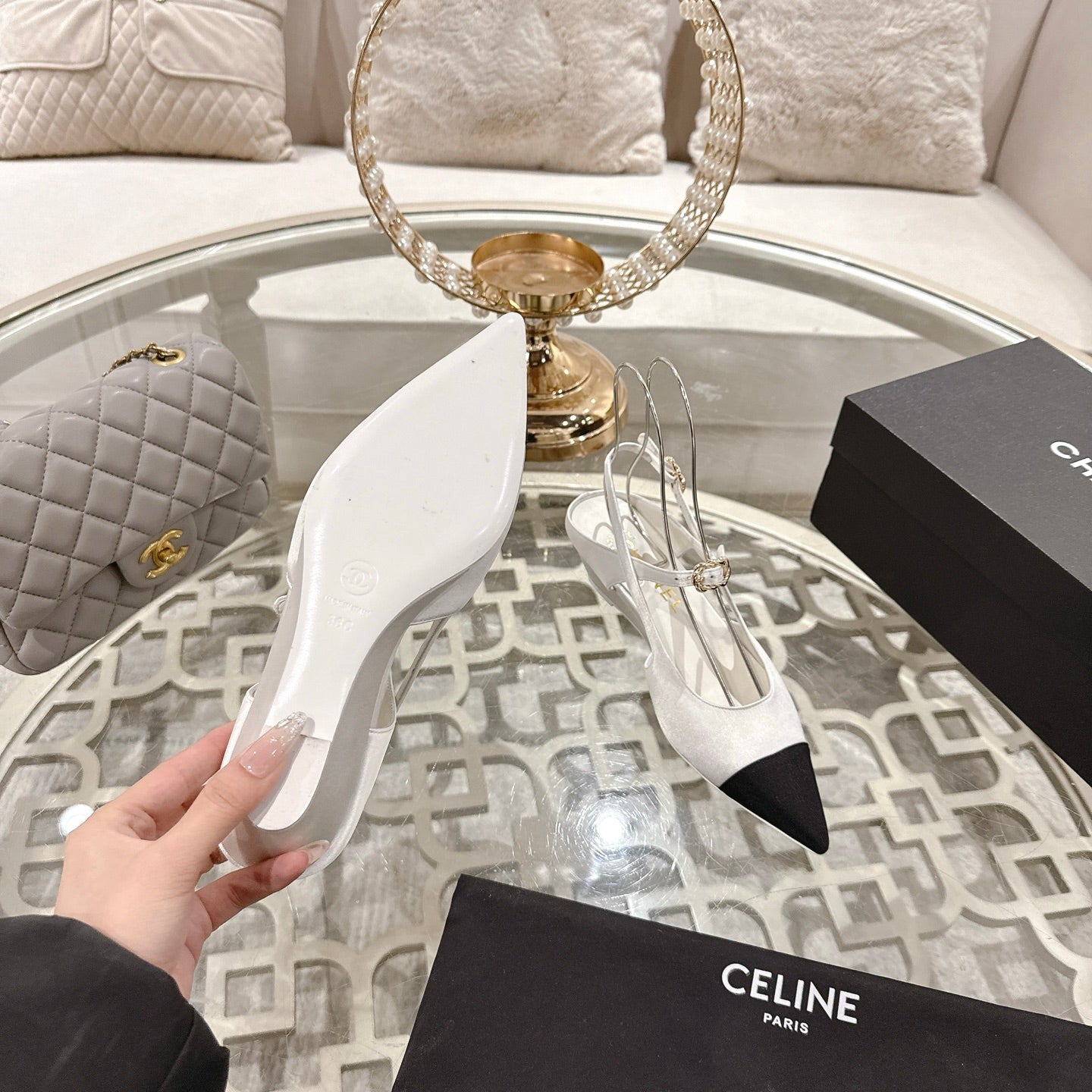 CC 25 Slingback Heel White Silk and Sheepskin 268919