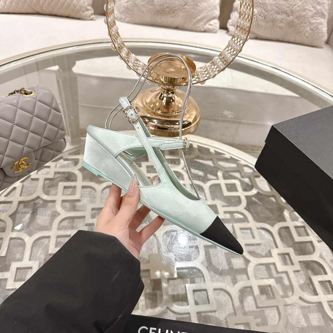 CC 25 Slingback Heel Mint Green Silk and Sheepskin 268920