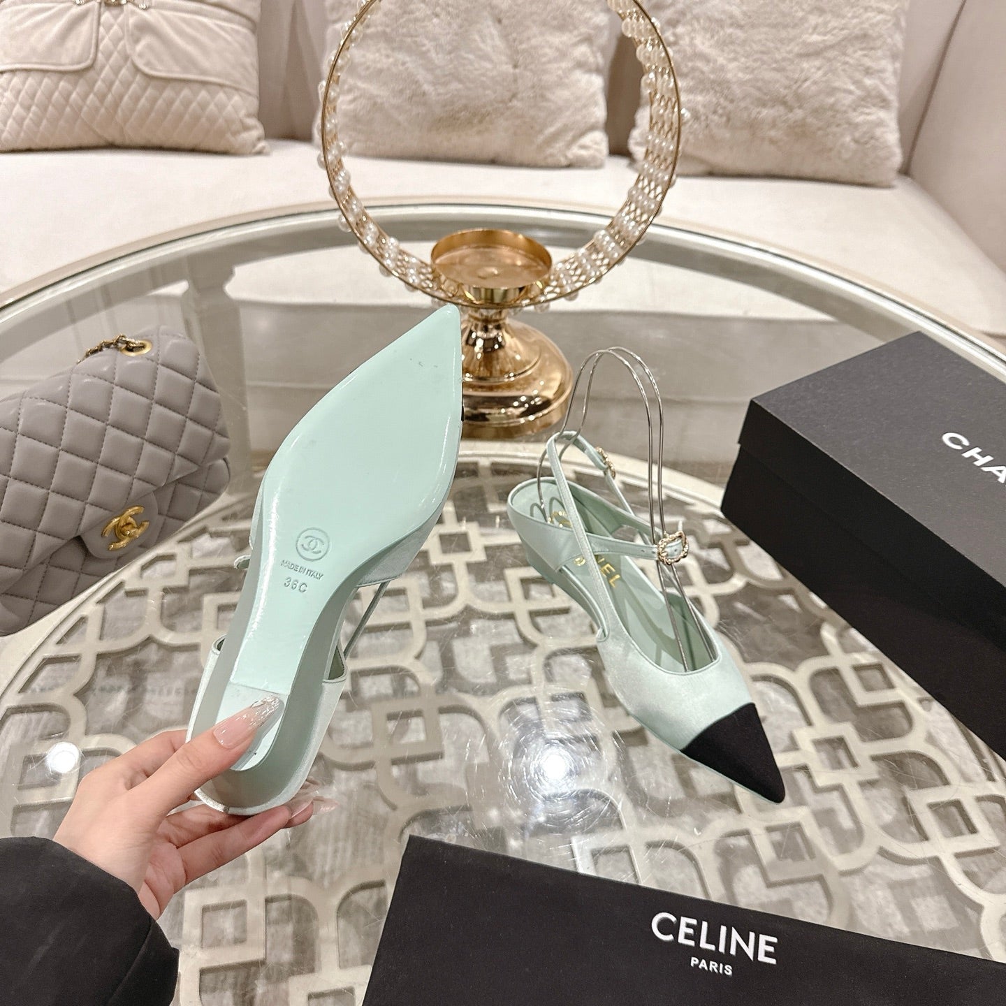 CC 25 Slingback Heel Mint Green Silk and Sheepskin 268920