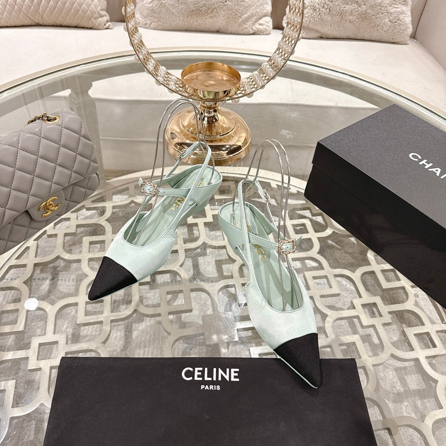 CC 25 Slingback Heel Mint Green Silk and Sheepskin 268920