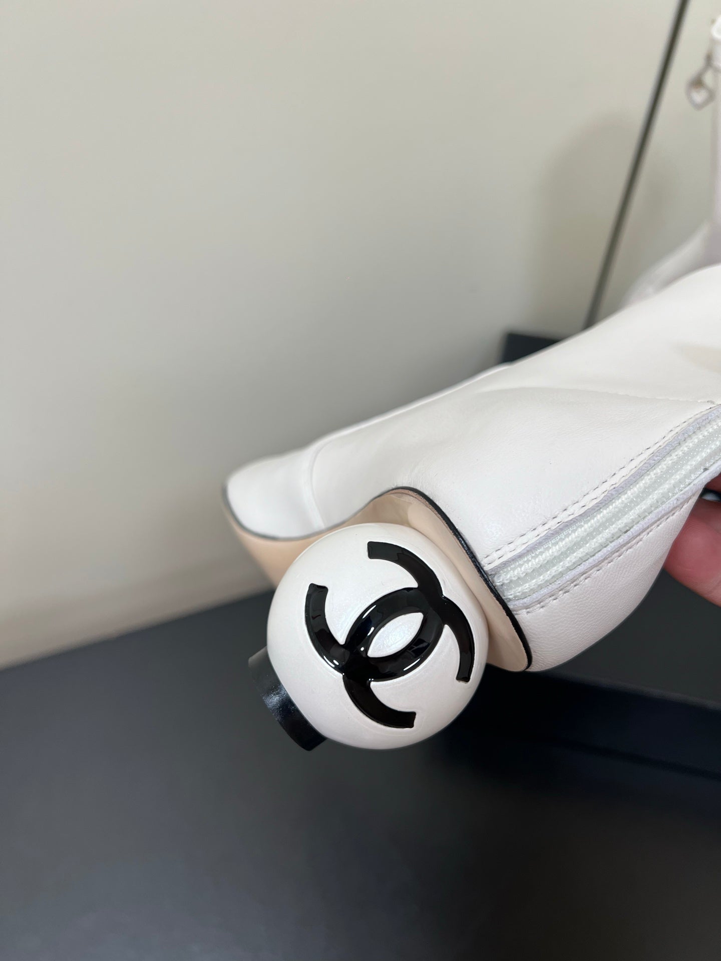 Chanel Double C Giant Pearl Heel Stretch Boots White Sheepskin 441706