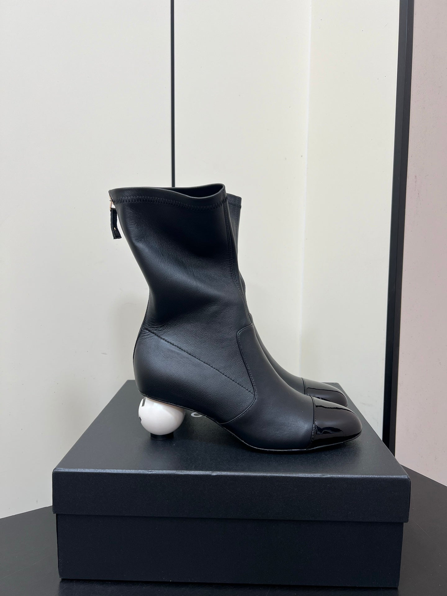 Chanel Double C Giant Pearl Heel Stretch Boots Black Sheepskin 441707