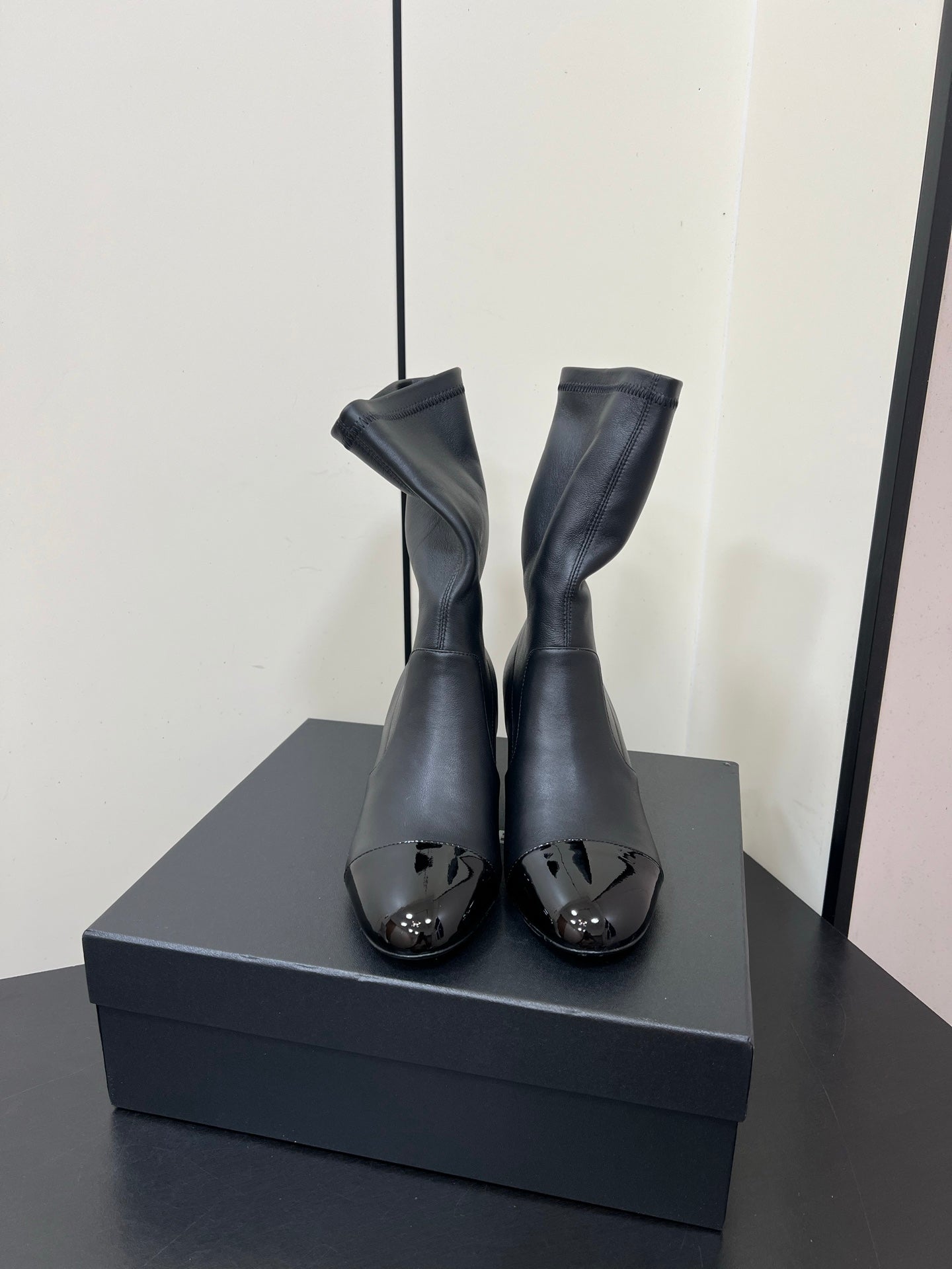 Chanel Double C Giant Pearl Heel Stretch Boots Black Sheepskin 441707