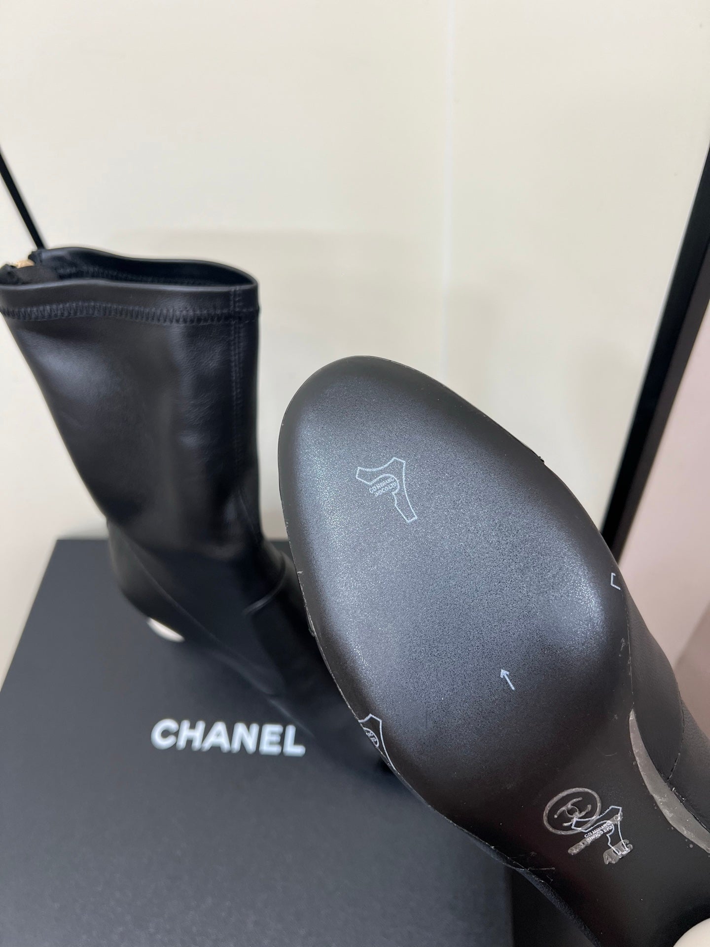 Chanel Double C Giant Pearl Heel Stretch Boots Black Sheepskin 441707